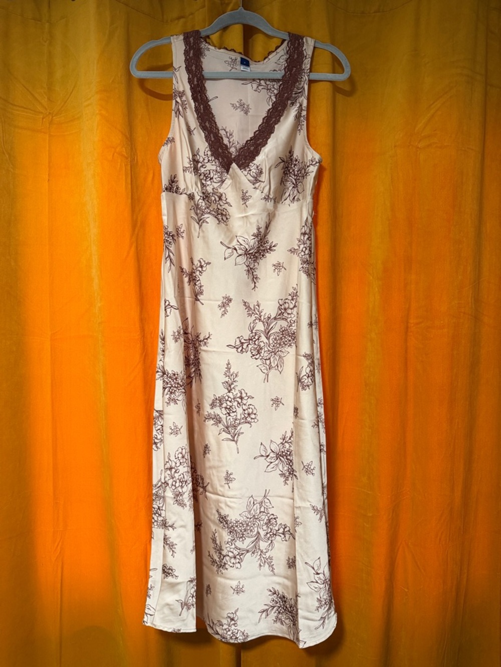 Old Navy Cream Midi Dress with Brown Floral Print and Lace Trim